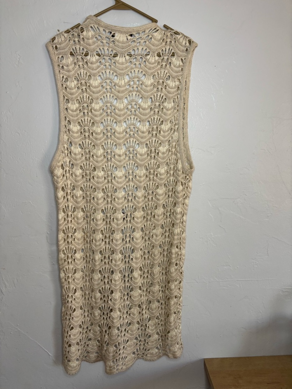 Crochet Open-Front Long Vest in Cream - Picture 3 of 6
